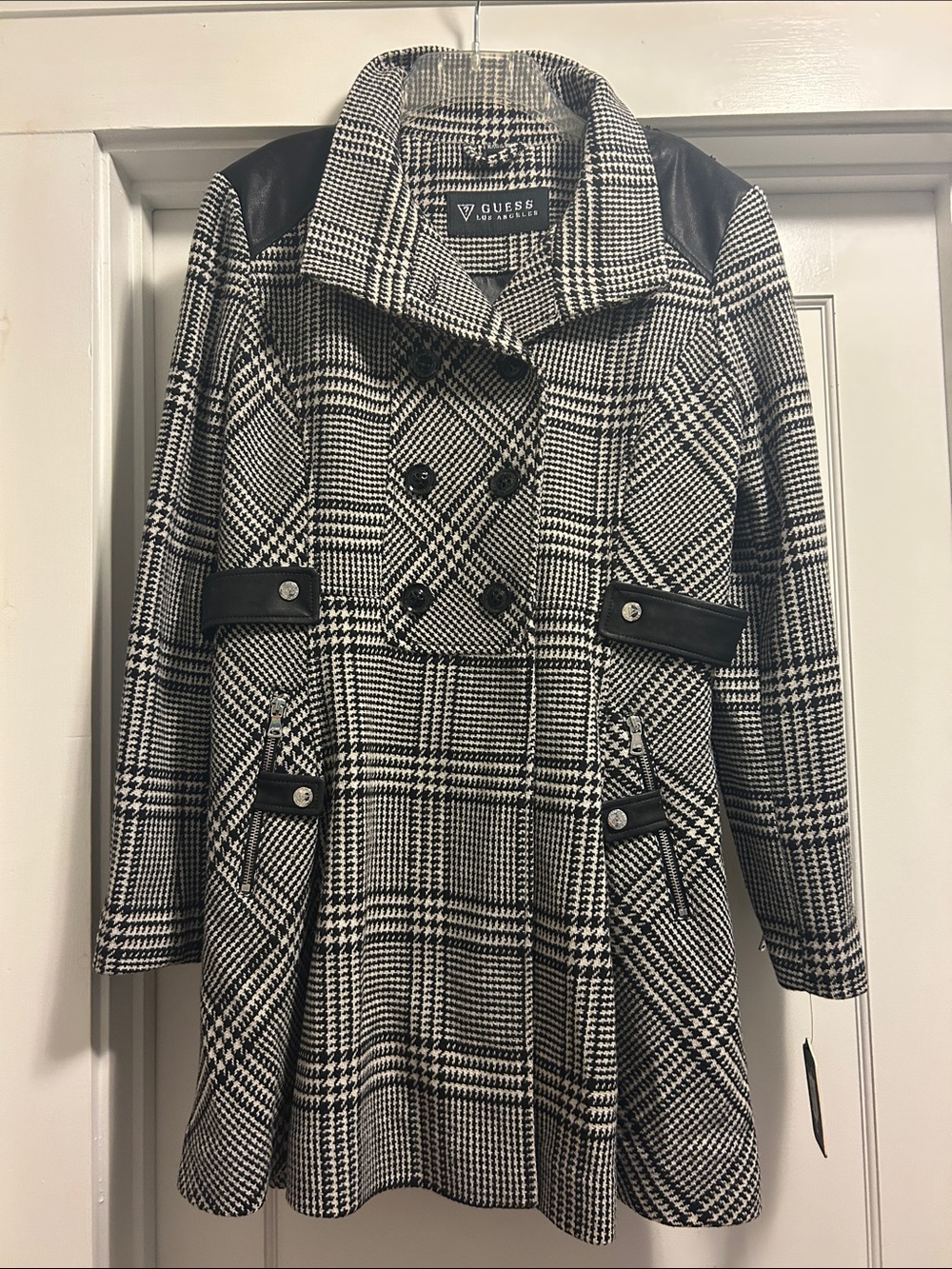 GUESS Black & White Plaid Double-Breasted Peacoat with Faux-Leather Accents